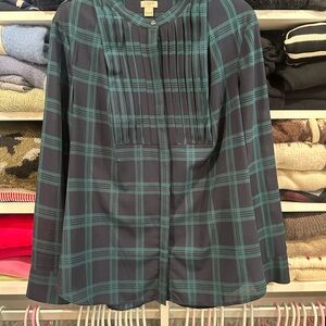 J. Crew Green and Black Watch Plaid Holiday Blouse
